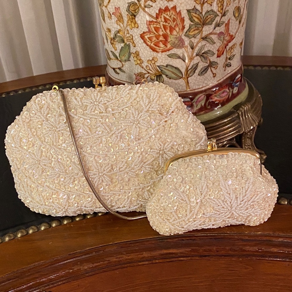 Handmade Ivory Beaded Sequins Aurora Borealis Evening Bag with Change Purse Set - Picture 2 of 13